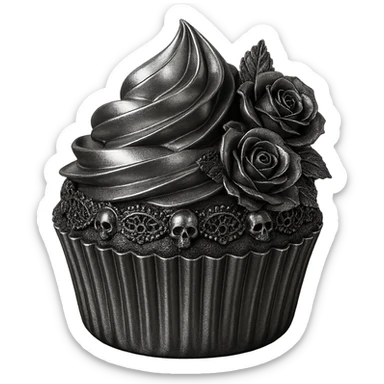 Gothic cupcake in chrome style, burgundy color, with gothic decorations such as black lace, tiny skulls, and dark roses, no background sticker