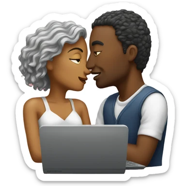 a couple both work on computers and kiss each other sticker