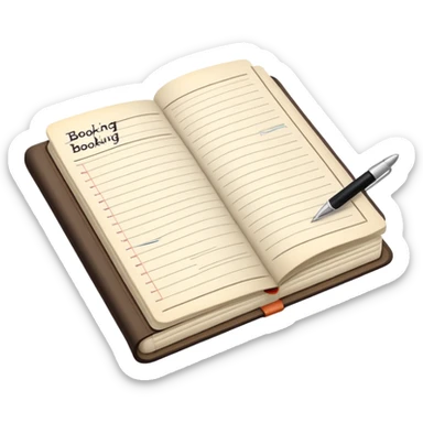 old-style booking in a paper notebook with a pen nearby sticker