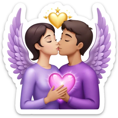 White brunette human man with rays of light Heart kisses a pastel purple angel woman sticker
