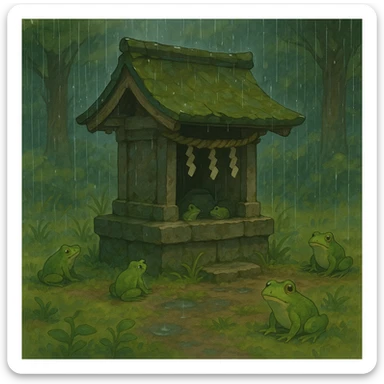 Rain falling gently on a tiny shrine surrounded by frogs. sticker