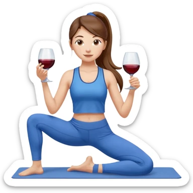 Девушка с каштановыми длинными волосами, собранными в хвост, в синем спортивном топе и синих лосинах занимается йогой с бокалом вина в одной руке sticker