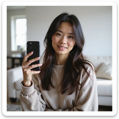 realistic PNG image of a woman with long straight dark brown-black hair holding an iPhone recording a TikTok video wearing casual clothes with a neutral expression in a bright living room transparent background sticker