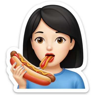 Black haired girl holding hotdog near mouth pretending to lick it sticker