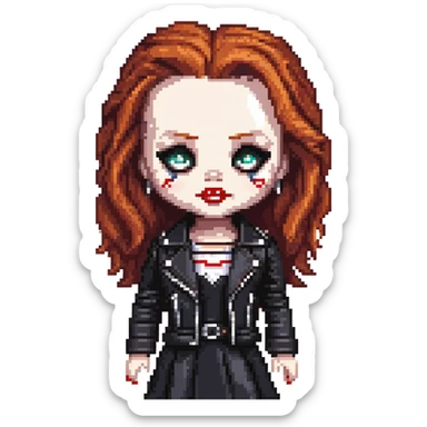 doll version of Chucky's bride in black dress, black leather jacket, heavy dark makeup sticker