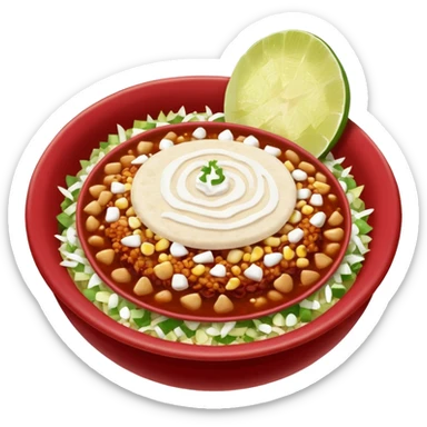A delicious hot bowl of pozole rojo emoji. Steam rising. Hominy visible. Place the sides next to the bowl: chopped onions, shredded cabbage, lime wedges, red chile de arbol salsa, and full round tostadas with a light smear of sour cream sticker