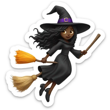black long hair witch flying on a broom white skin sticker
