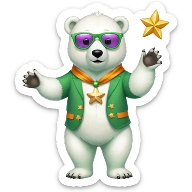 full body friendly anthropomorphised polar bear wearing oversized colorful star glasses and festive St. Patrick's Day outfit, playful pose sticker