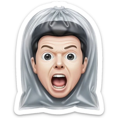 White Rick Astley that has a white head with no eyes covered in a plastic bag and he is screaming and the background is pitch black sticker