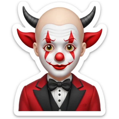 Crea un payaso con cara blanca sin pelo con cuernos negros y un traje rojo con negro sticker