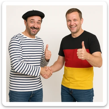A French man and a German man shaking hands and giving thumbs up, friendly, both in casual clothes, clear national cues including French beret and German flag colors, white background. sticker