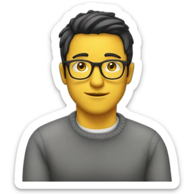 White man with yellow tinted glasses and black hair in a gray jumper and sitting on a chair sticker