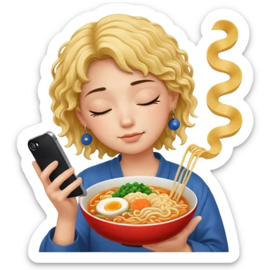 Sleeping emoji with phon in hand earring ramen noodles sticker