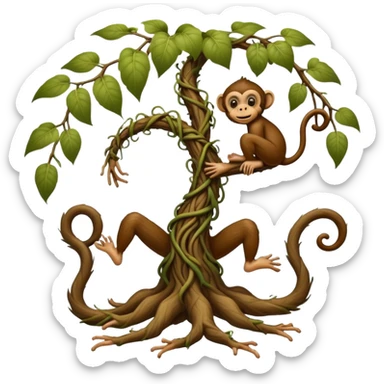 A fantasy creature with bare human feet, twisted vine-like root legs extending upward, and a cheeky monkey face at the top sticker