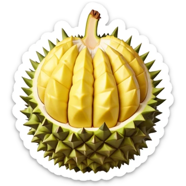 Cinematic Realistic Durian Fruit Dish Emoji, depicted as the notorious spiky fruit with a rich, custardy interior rendered with lifelike detail and bold, distinctive lighting. sticker