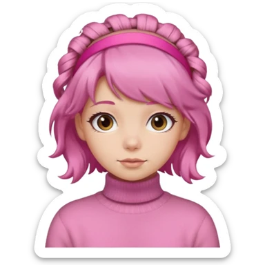 brown fluffy haired girl with pink turtleneck sweater and pink hair band sticker