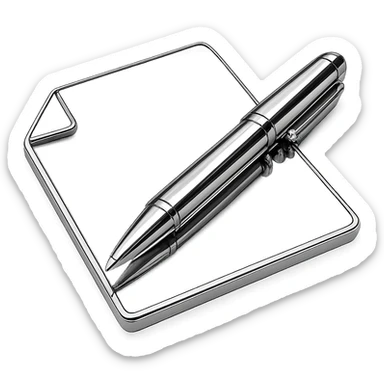 chrome style piece of paper with a metallic pen resting on it, highly reflective and polished sticker