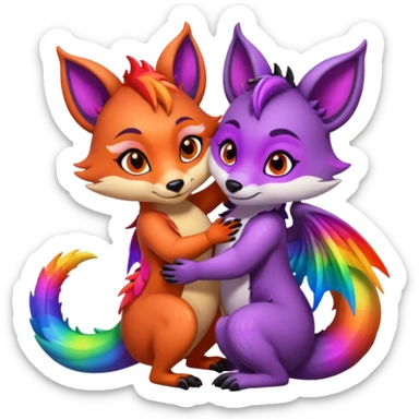 black female raccoon dragon hybrid with rainbow colored wings and purple eyes giving a big hug to a red female fox dragon hybrid with rainbow colored wings and orange eyes sticker