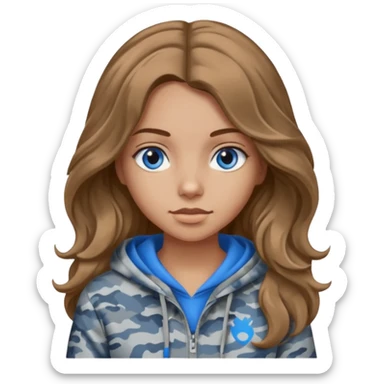 Girl with long wavy light brown hair, blue eyes , medium skin tone, wearing a gray camo hoodie sticker