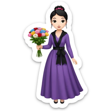 Chica blanca,cuerpo entero, vestido fiesta ,manga larga ,con estola, pelo negro,    ramo de flores una mano, pelo recogido en moño alto sticker