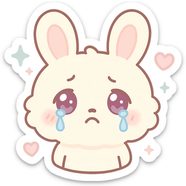 kawaii chibi-style bunny emoji with crying mood, round fluffy face, sparkly eyes, blushing cheeks, pastel color palette, soft rounded design, anime-style, sparkles and hearts, vector art, transparent background sticker