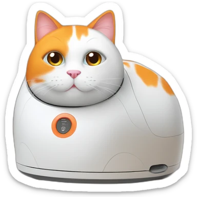 fat white and orange cat sitting on white robot vacuum sticker