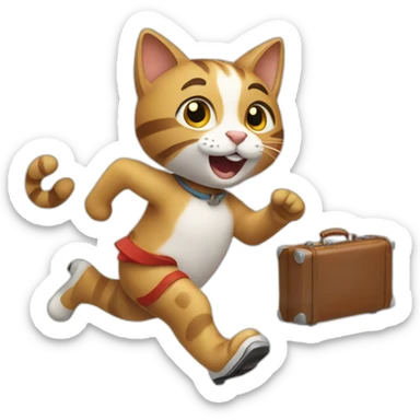 a cat running with a suitcase sticker