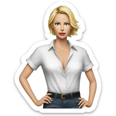 ultra realistic charlize theron wearing shirt sticker