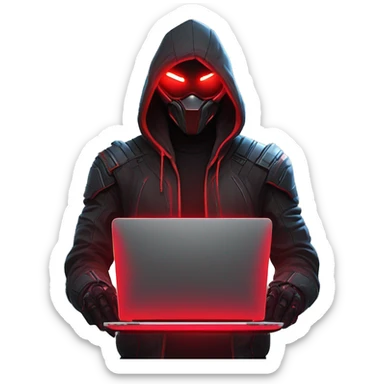 developer behind his laptop with this style : crysis Cyberpunk Riot Games Valorant neon glowing bright red character red dark black hooded assassin themed character sticker