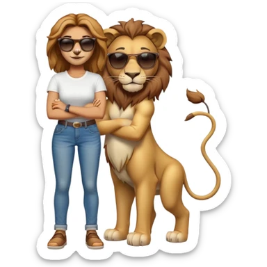 friendly anthropomorphised female lion character, full body, standing confidently with legs shoulder width apart and arms folded, wearing jeans, a white t-shirt, and dark sunglasses, with a confident smile sticker