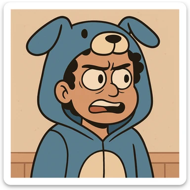 cartoon face of OMZ inspired by the reference image, blue dog onesie hood, curly black hair, brown eyes sticker