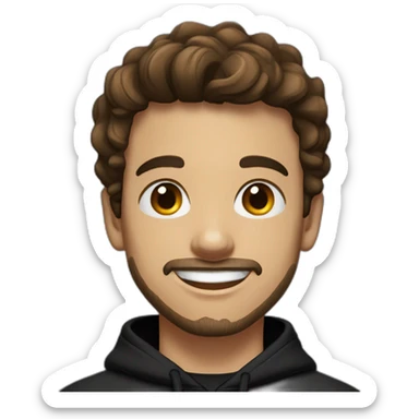 young man  fit with short beard smiling medium long wavy rockabilly style brown hair with light skin and dark brown eyes wearing black sweatshirt hoodie sticker