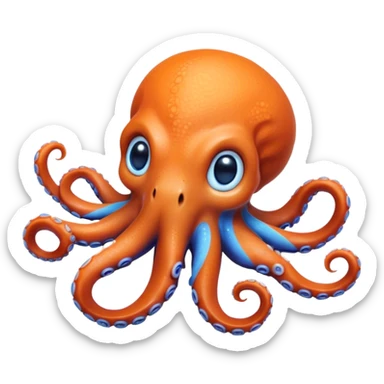 Cinematic Realistic Cute Octopus Portrait Emoji, Head tilted playfully and inquisitively, featuring a gracefully curving, compact body in vibrant orange adorned with delicate blue rings, and a charming, expressive face with round, sparkling eyes full of curious wonder; rendered with lifelike detail and soft natural highlights, high shine, affectionate and enchanting, styled with a touch of whimsical ocean magic, soft glowing outline, capturing the essence of a mischievous yet lovable octopus that seems poised to slither playfully into your arms! sticker