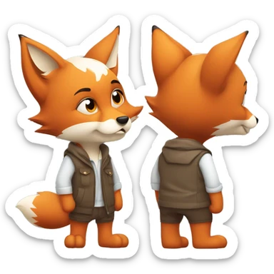adorable adult male fox cub dressed in casual and playful human clothes. The fox is thinking intensely about something and scratching his head with his hand, there is a serious and thoughtful expression on his muzzle sticker