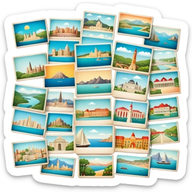 Icon for Postcard Collecting: a collection of colorful vintage postcards, featuring scenic views, landmarks, and greetings, arranged neatly in an album or on a display board. The icon should convey the charm and nostalgia of postcard collecting. Transparent background. sticker