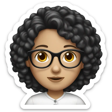 A white girl with black long curly hairs and glasses sticker
