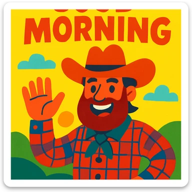 bearded cowboy giving good morning, colorful and friendly illustration style sticker