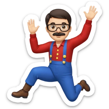 person with glasses, short dark hair, mustache and beard, dressed as Mario, jumping pose sticker