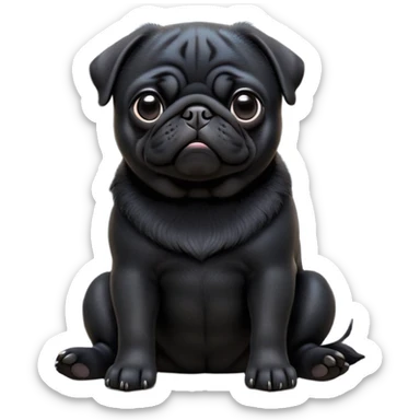 cinematic-[black pug]-realistic-full-body-sitting-emoji,-tail-resting-loosely-beside-its-paws,-head-tilted-dramatically, -sleek-[black]-fur,-simplified-yet-realistic-focused-features,-highly-detailed,-glowing-with-an-almost-sarcastic-glow sticker