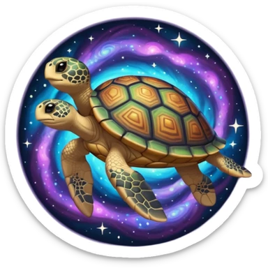 Quasar Turtle emoji – full body, massive cosmic turtle with glowing shell like a galaxy vortex, star patterns, cosmic energy aura, slight side angle sticker