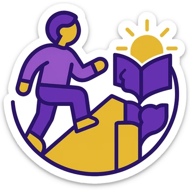 Add a book or brain icon to the self improvement logo. Keep the geometric shapes with a rising sun and a person climbing. Use bold purple and gold colors. No background. Maintain the bold and dynamic style. sticker