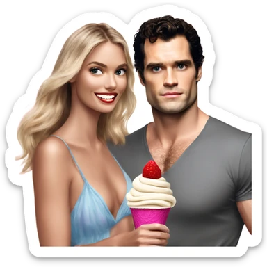 realistic photo of Henry Cavill with a beautiful victoria secret model sharing ice cream  sticker