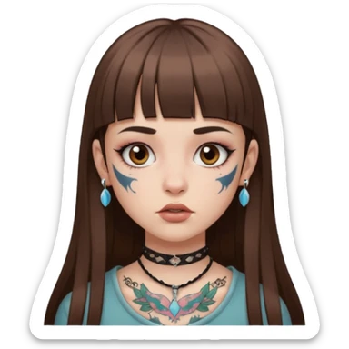 Alternative girl with long straight brown hair and micro bangs and a throat tattoo sticker