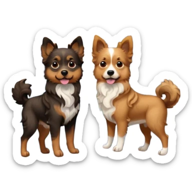 two dogs with wavy hair, one black and brown, one shades of brown with mountains sticker