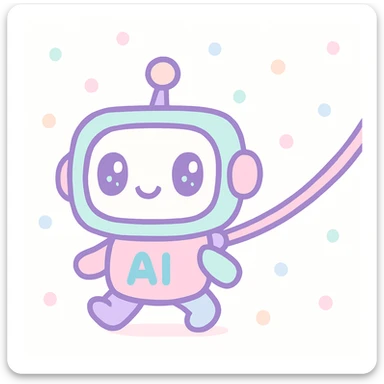 cute AI mascot being walked on a leash, kawaii style, pastel colors sticker