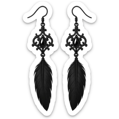 goth earrings, black crow feather, mysterious gothic style, elegant sticker