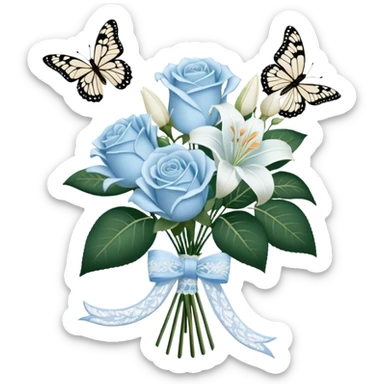 A classic bouquet of pale blue roses, delicate white lilies, and trailing jasmine, tied together with an embroidered ivory ribbon. A butterfly with lace-like wings hovers nearby, casting a soft, intricate shadow over the bouquet. sticker