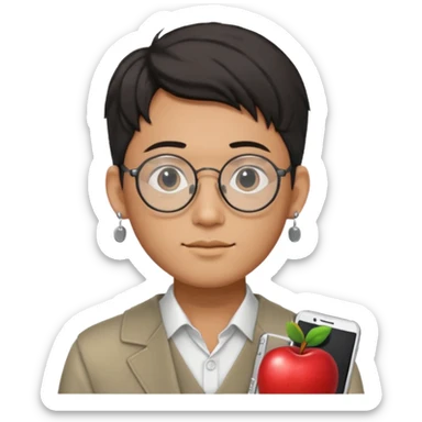 korean male guy 20s wearing an apple notebook, wearing radio earrings, round glasses, achromatic clothes, and achromatic clothes. sticker