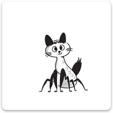 A quirky hybrid creature with a cat's body and head but with mantis-like front limbs. It has cat ears, whiskers, and a furry body, but with the distinctive praying mantis forearms. The creature has large cat eyes but is in a slight mantis-like pose. sticker