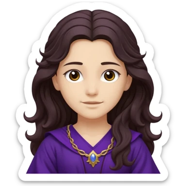 Libera from Olympus Gods with long dark brown wavy hair, deep purple tunic sticker